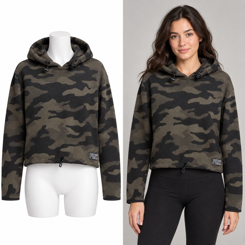 PINK Victorias Secret Hoodie Women Medium Green Camo Crop Fleece Toggle Pullover